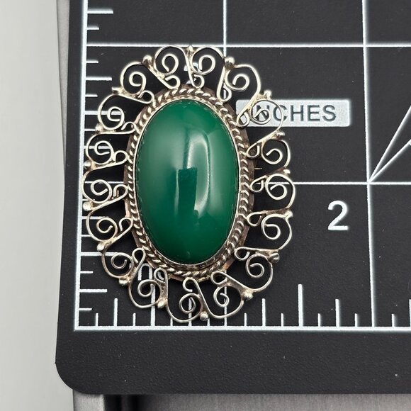 VTG EME 83 Sterling Silver 925 Green Onyx Filigree Brooch Pendant 2" Mexico - Picture 9 of 9